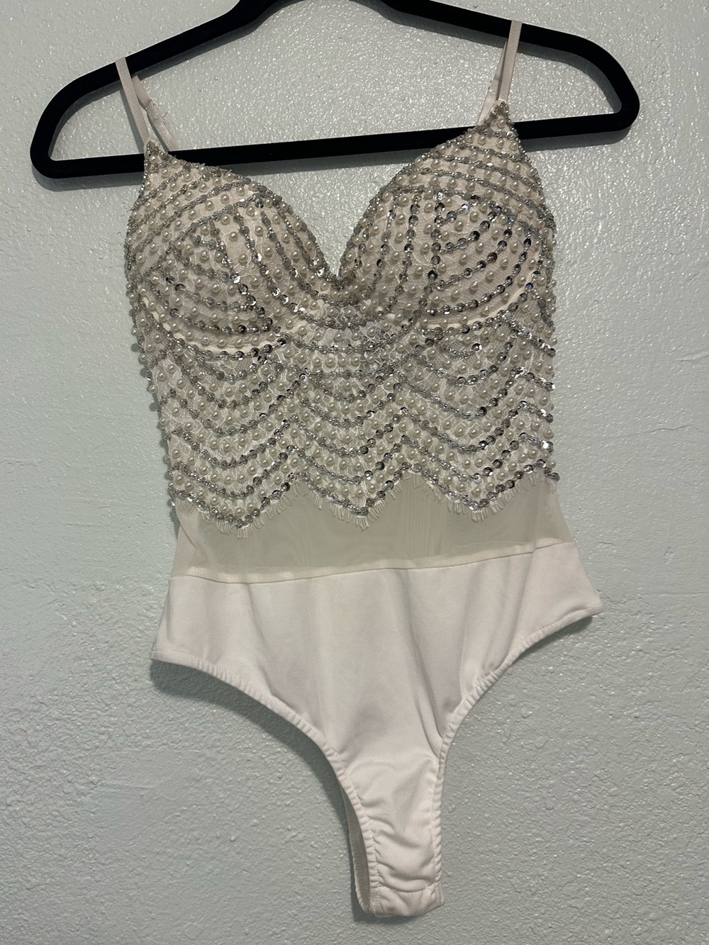 Windsor Women’s Size Small Nude Beaded Lace Top Bodysuit Adjustable Strap